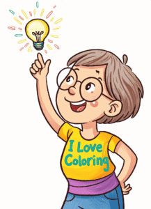 Teddy Get Idea A smiling lady with glasses, short brown hair, and a yellow shirt that reads “I Love Coloring” points enthusiastically at a glowing light bulb above their finger, symbolizing a bright idea. The background is white, and the illustration is cheerful and colorful.