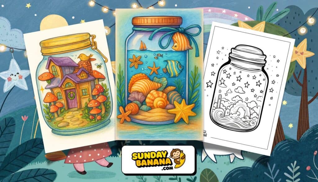 Three jars drawn in different styles: one holds a tiny mushroom house, another has sea life and shells, and the last is a black-and-white outline with stars and clouds. All are shown on a whimsical background with stars and trees. SundayBanana.com logo below.