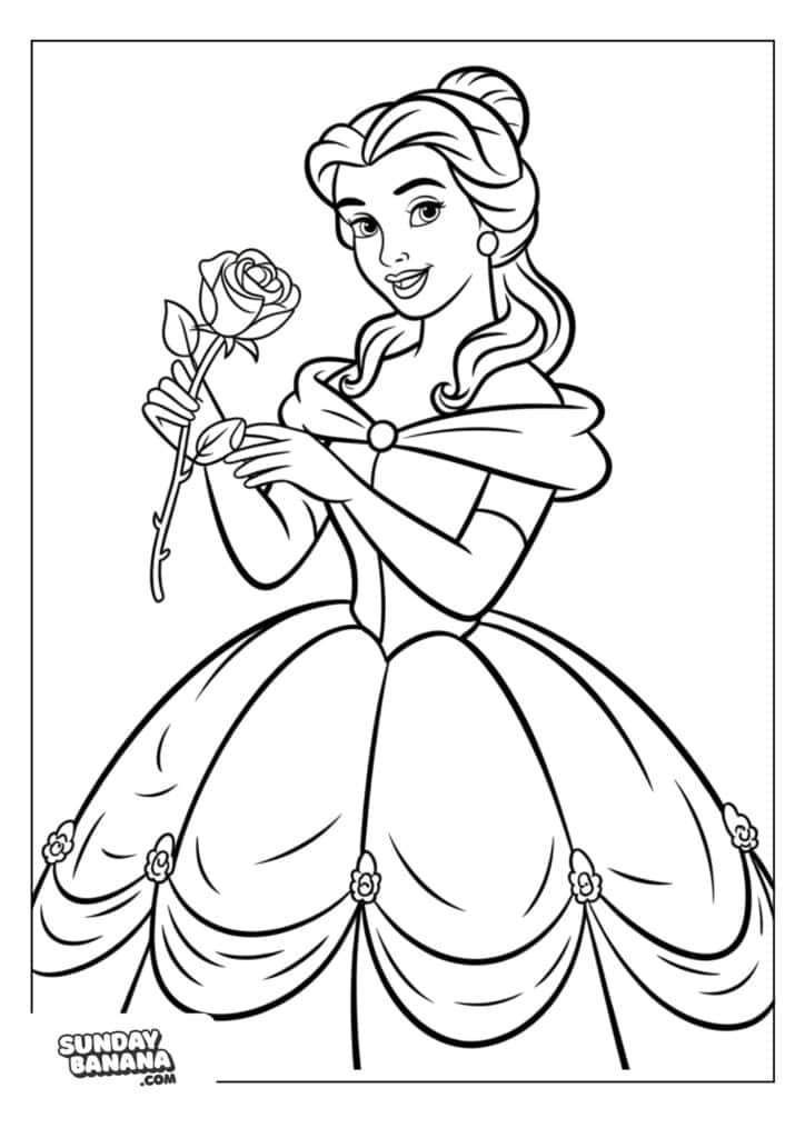 A coloring page shows a smiling princess with long hair in an updo, wearing a gown with puffy sleeves and rose decorations. She holds a single rose in one hand and gestures gracefully with the other. The style is cartoon-like, inviting children to color.