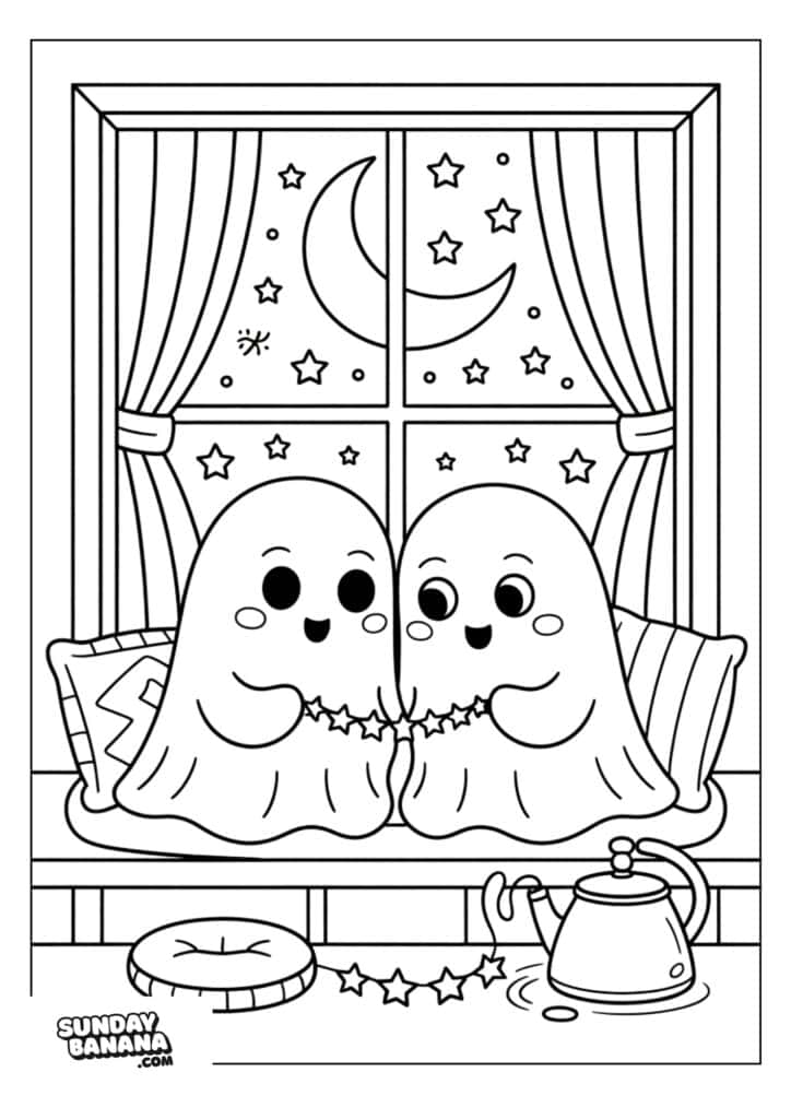 Two cute ghosts with smiling faces sit together on a window seat, holding a string of stars. Behind them is a large window showing a night sky with a crescent moon and stars. A teapot, cup, and cushion are on the window ledge. The scene is outlined for coloring.