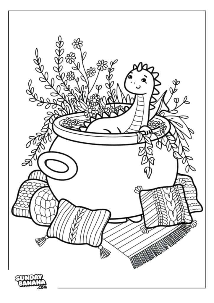 A smiling dinosaur relaxes in a large, round pot filled with flowers and leaves. The pot is surrounded by patterned pillows and a striped rug. The scene has a cozy, whimsical feel, and it is designed as a coloring page.