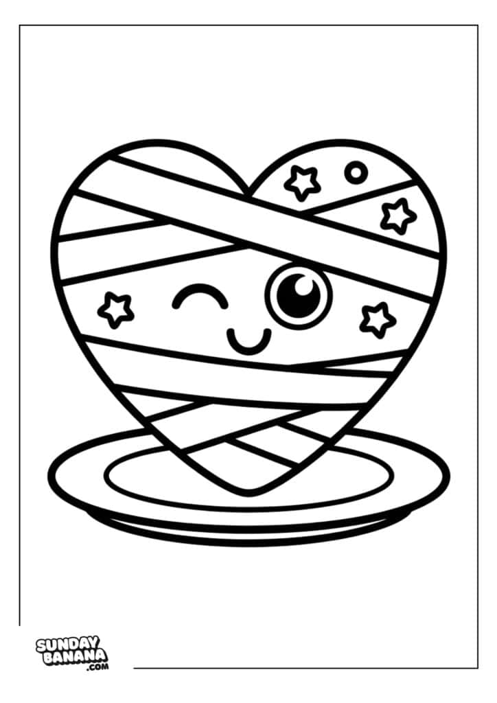 A heart-shaped dessert sits on a plate. The heart is decorated with diagonal lines, stars, and a small circle, and features a cute face with one winking eye and a smiling mouth. The illustration is in a simple, outlined, cartoon style.