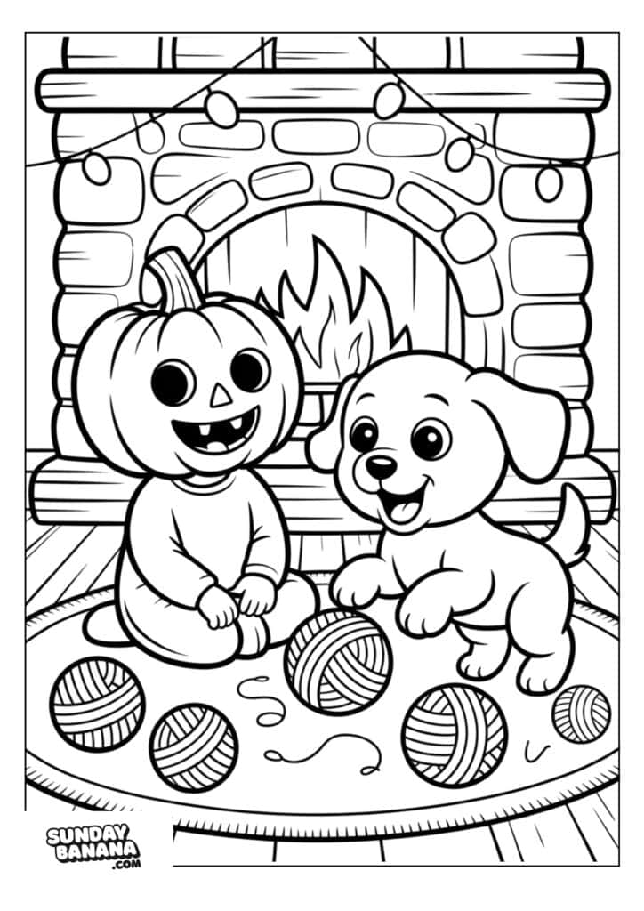 A child wearing a pumpkin costume and a playful puppy sit on a rug with scattered yarn balls. They are in front of a lit stone fireplace decorated with string lights. The mood is cozy and cheerful, suggesting a festive autumn or Halloween setting.