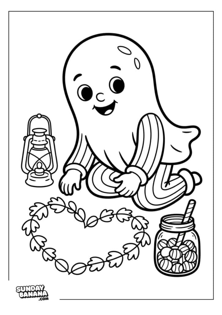 A smiling ghost wearing striped pajamas kneels on the floor, arranging leaves and acorns in a heart shape. Beside the ghost are a lantern and a jar filled with candies and a striped straw. The style is cartoon-like and outlined for coloring.