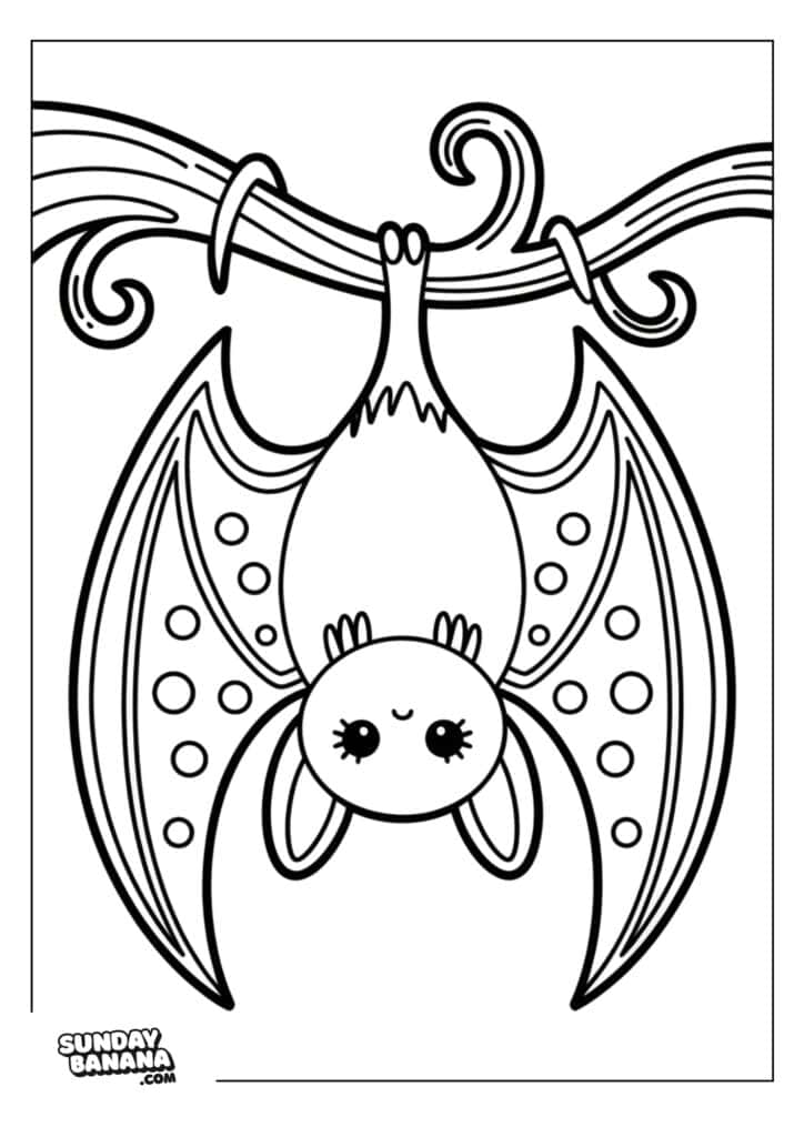 A cute cartoon bat with big eyes hangs upside down from a branch. The bat has large ears, patterned wings with circular spots, and a small smile. The image is outlined in black and white, intended for coloring. “SundayBanana.com” is in the bottom left corner.