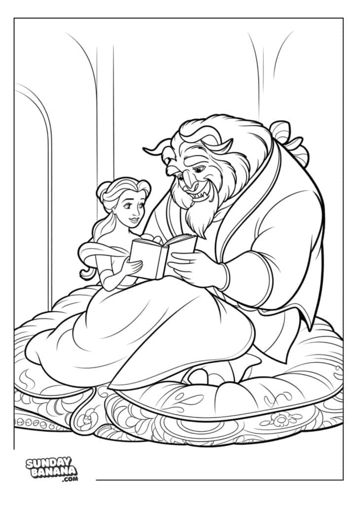 A coloring page Belle and the Beast from Beauty and the Beast sit together on ornate cushions. Belle is reading a book aloud, smiling, while Beast listens with interest. The scene takes place indoors, with arched windows in the background. The image is a coloring page.