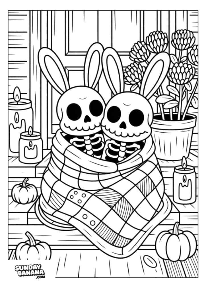 Two skeletons with bunny ears are cuddled together under a checkered blanket on a porch. There are lit candles, potted flowers, and three pumpkins around them. The scene is cozy, playful, and decorated for autumn or Halloween.
