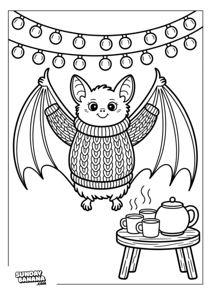 A smiling bat wearing a knitted sweater hangs from string lights overhead. Below, a small round table holds a teapot and three steaming cups. The scene is outlined in black-and-white, ready for coloring. The Sunday Banana logo is in the corner.