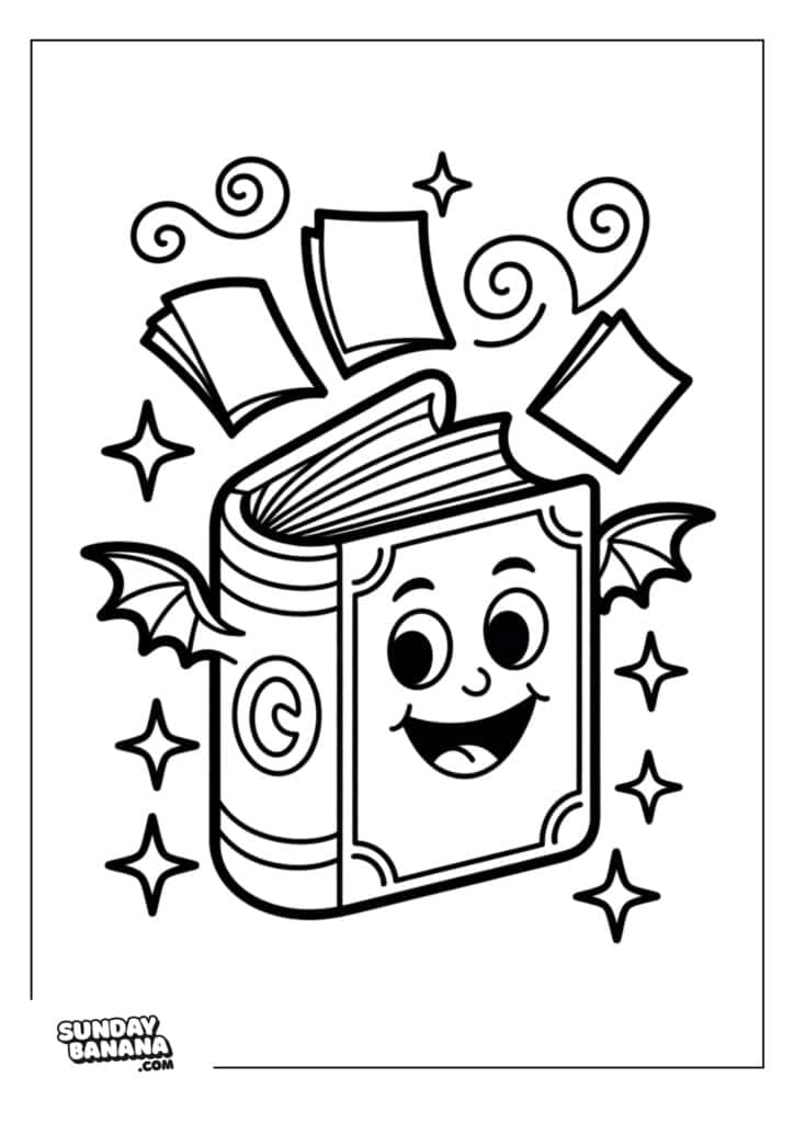 A cartoon book with a smiling face and bat-like wings is surrounded by stars and swirls. Three pages appear to be flying out of the book. The illustration is outlined in black and white, and the bottom left corner says “SUNDAY BANANA.COM.”.