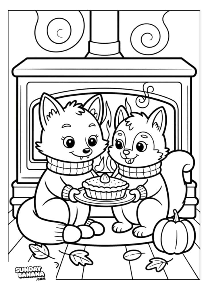 Two smiling cartoon foxes in sweaters sit on a wooden floor in front of a stove, holding a steaming pie together. Autumn leaves and a pumpkin are nearby. The scene is cozy and festive, with SundayBanana.com in the corner. The image is black and white.