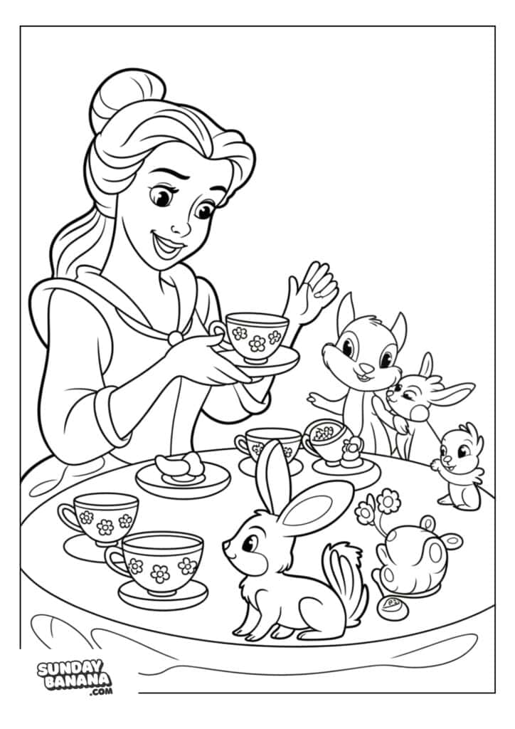 A coloring page A smiling woman with long hair tied back enjoys a tea party with several cheerful animals, including bunnies and squirrels, sitting around a table with teacups and saucers decorated with flowers. The scene is outlined for coloring.