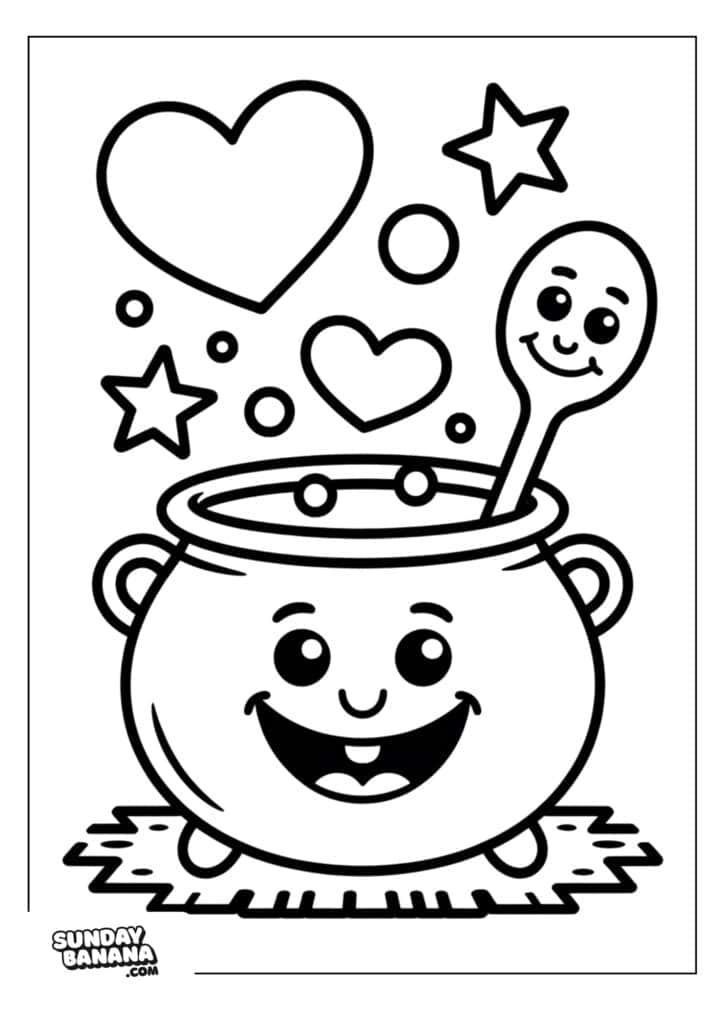 A smiling cauldron sits on a mat with a happy face and bubbly liquid inside. A spoon with a smiling face is in the cauldron. Hearts, stars, and bubbles float above, creating a whimsical, cheerful scene. The image is in black and white for coloring.
