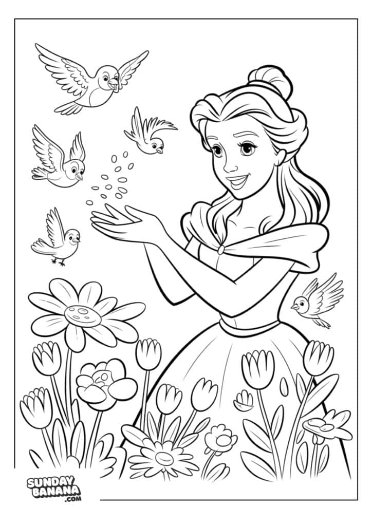 A coloring page A young woman with long hair and a dress stands among blooming flowers, smiling and holding her hands out. Four birds fly near her, with some seeds or crumbs floating between her hands and the birds. The scene is cheerful and whimsical.