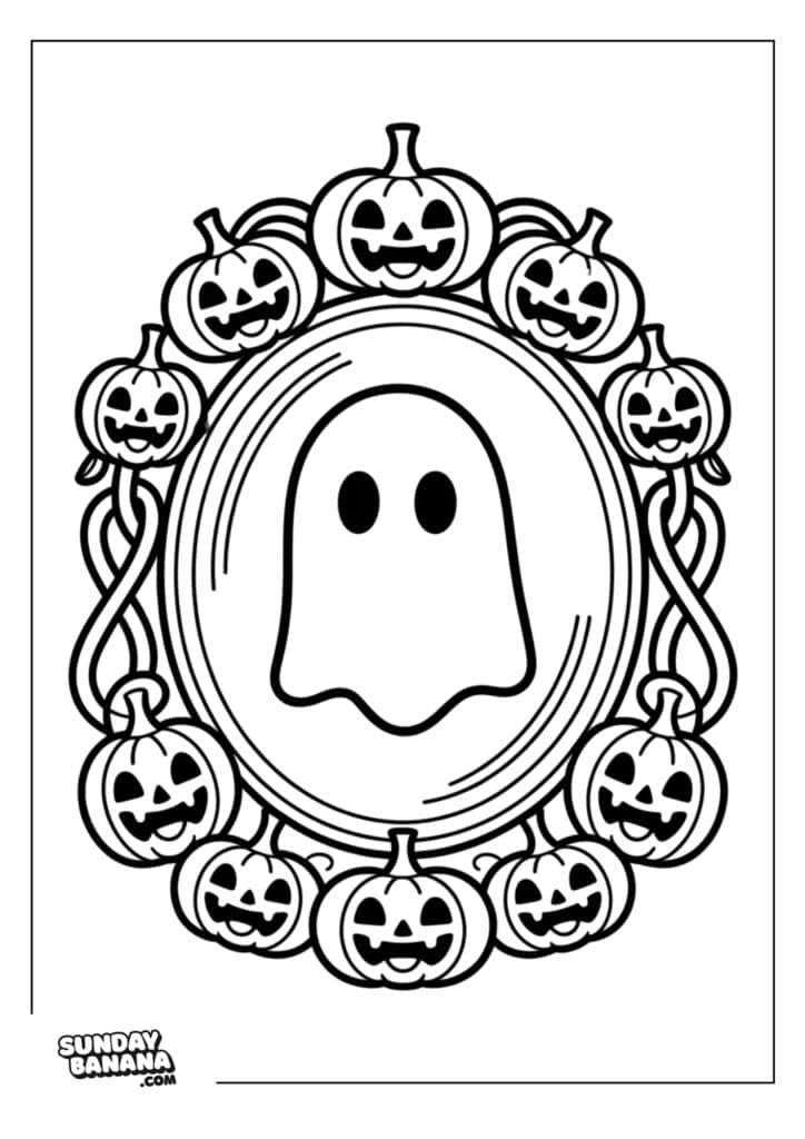 Black and white drawing of a ghost centered in an oval frame, surrounded by ten carved jack-o’-lantern pumpkins. The pumpkins form a border around the frame, and intertwined vines connect them. “SUNDAYBANANA.COM” appears in the lower left corner.