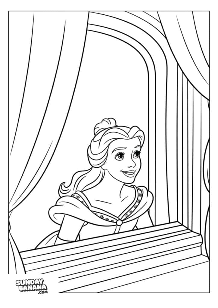 A coloring page A princess with light hair in an updo and an off-shoulder gown looks out of a large arched window. Curtains frame the window and she smiles gently. The image is a simple line drawing suitable for coloring. Sunday Banana .com is printed at the bottom left.