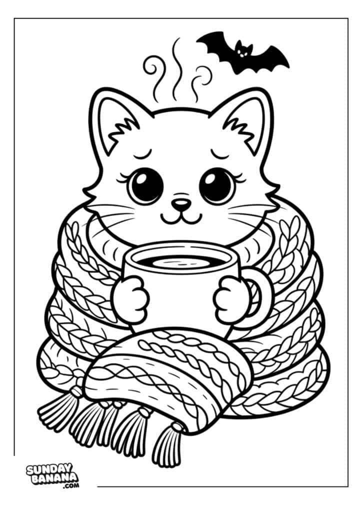 A cute cartoon cat wrapped in a thick, knitted scarf holds a steaming mug. A small, smiling bat flies above the cats head. The cat has big eyes and a sweet expression. The image is outlined for coloring, with Sunday Banana.com at the bottom left.