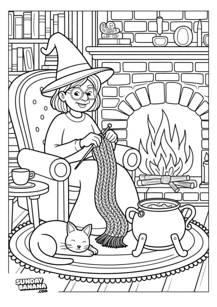 A smiling witch in glasses and a pointed hat knits by a cozy fireplace. A sleeping cat lies on a rug next to her chair, and a bubbling cauldron sits nearby. Shelves with books and candles decorate the brick wall in the background.