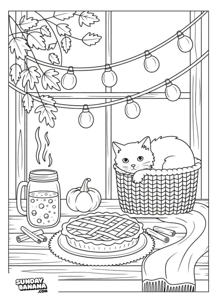 A cozy scene by a window features a cat in a basket, string lights, autumn leaves, a pumpkin, a steaming mason jar drink, a pie on a plate, and a scarf draped on the table, evoking a warm autumn atmosphere.
