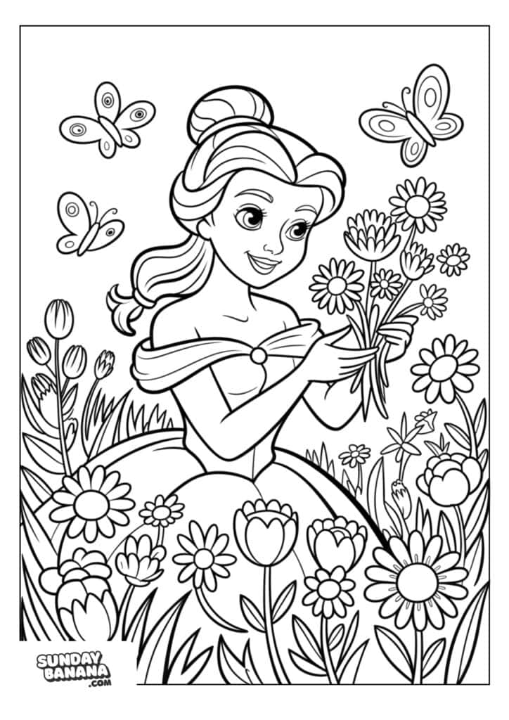A coloring page A smiling princess in a flowing gown sits among tall flowers, holding a bouquet. Butterflies flutter around her, and various flowers and buds surround her in a lush garden. The scene is in black and white, ready for coloring.