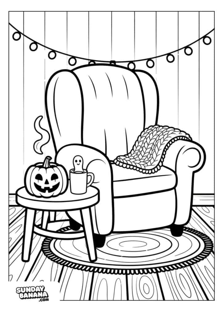 A cozy armchair with a knitted blanket draped over one arm sits on a round rug. Next to it, a small table holds a steaming cup with a ghost design and a carved, smiling jack-o-lantern. String lights hang on a wood-paneled wall in the background.