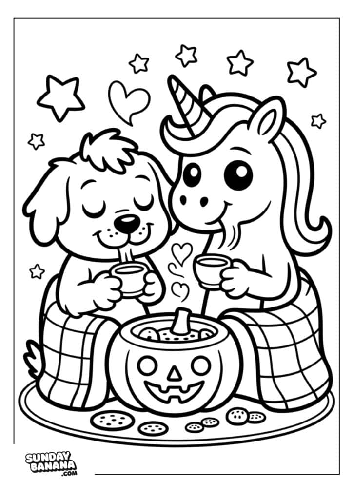 A dog and a unicorn, both smiling, sit together under a checkered blanket. They hold mugs and share a pumpkin-shaped bowl filled with soup. Heart and star shapes decorate the background, and cookies are spread on the ground around them.