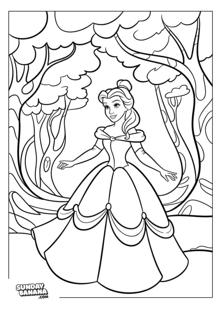 A coloring page A princess with long hair and an elegant gown stands smiling in a forest clearing, surrounded by whimsical trees with fluffy canopies. Her arms are raised slightly, and her dress features decorative trim. The scene is outlined for coloring.