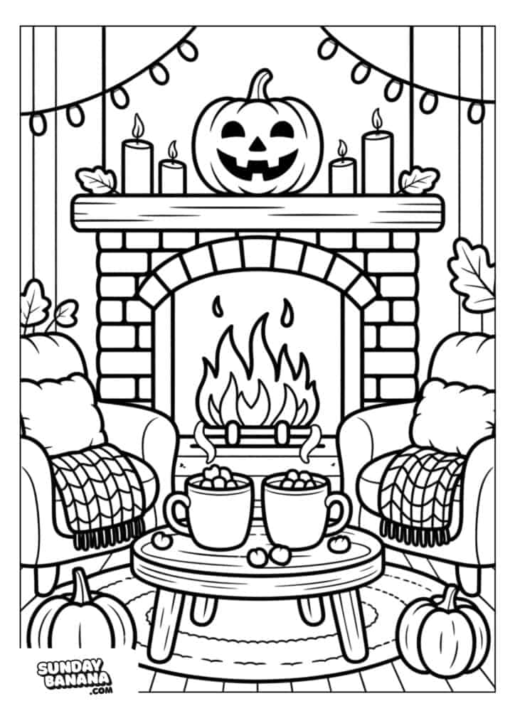 A cozy living room with two armchairs draped in blankets, a fireplace with a roaring fire, and a mantel decorated with candles and a jack-o-lantern. A round table holds two mugs. Pumpkins sit on the floor, and string lights hang above.