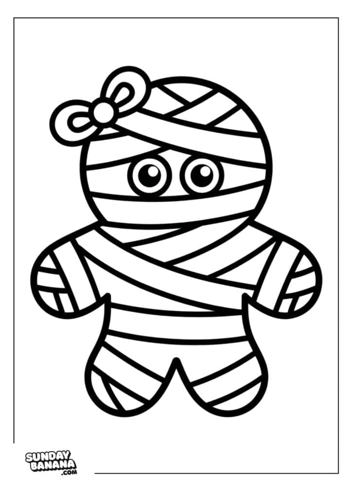 Line drawing of a cute cartoon gingerbread figure wrapped in mummy bandages, with a bow on its head. The figure has big round eyes and no mouth, and the image is outlined in black with a small SundayBanana.com logo in the bottom left corner.