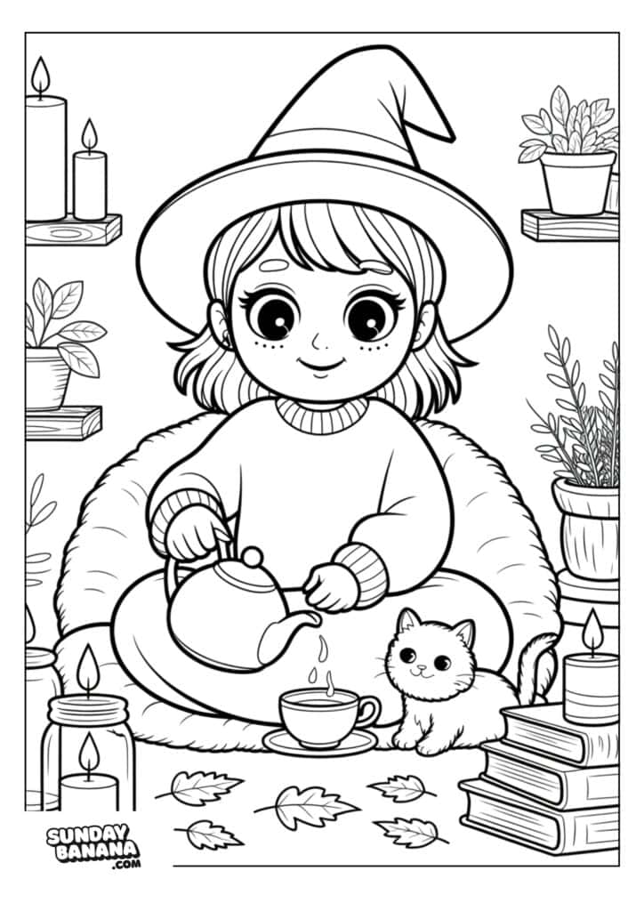 A girl in a witch hat sits cross-legged on a rug, pouring tea from a teapot into a cup. She is surrounded by candles, books, plants, and a small cat. Autumn leaves are scattered around, creating a cozy, magical atmosphere.