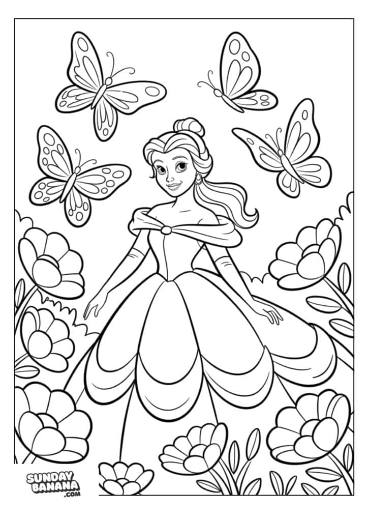 A coloring page A princess with long hair in an elegant gown stands in a garden surrounded by large flowers. Three butterflies fly around her. The image is black-and-white and designed as a coloring page. SundayBanana.com is written at the bottom left corner.