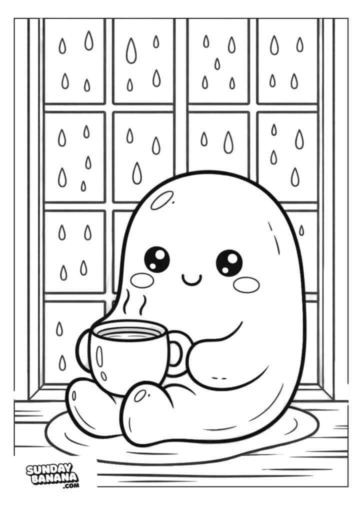 A cute, round cartoon character with blushing cheeks sits on a rug, holding a steaming mug. It smiles happily in front of a window with raindrops outside. The style is simple and outlined, ready for coloring. SundayBanana.com is in the corner.