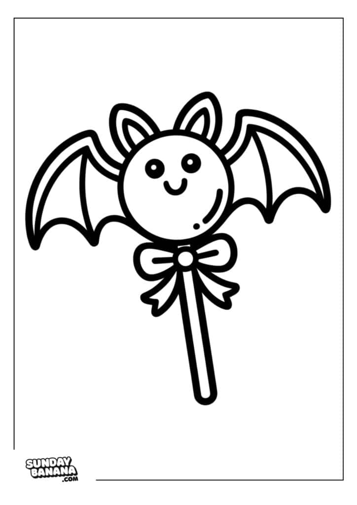 A cute cartoon bat with a round head, big eyes, and a smiling face sits atop a stick like a lollipop. The bat has two pointy ears, outstretched wings, and a bow tied below its head. The image is outlined in black and white.