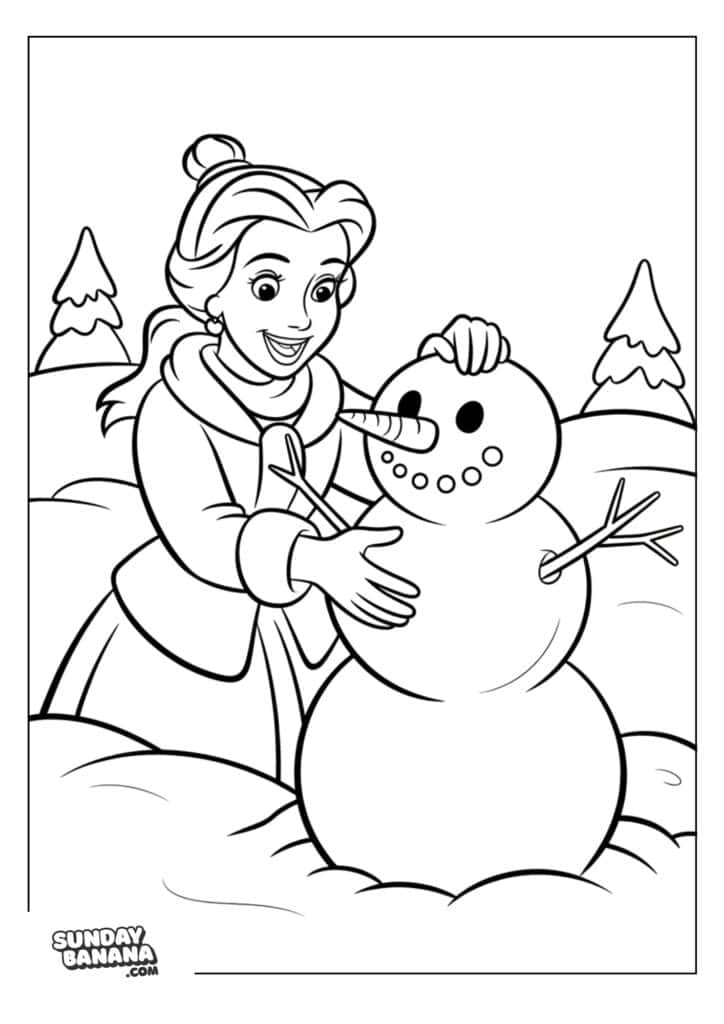 A coloring page A smiling girl in winter clothes builds a snowman with stick arms, a carrot nose, and round eyes and buttons. She is outdoors in the snow, with pine trees in the background. The scene is outlined for coloring.