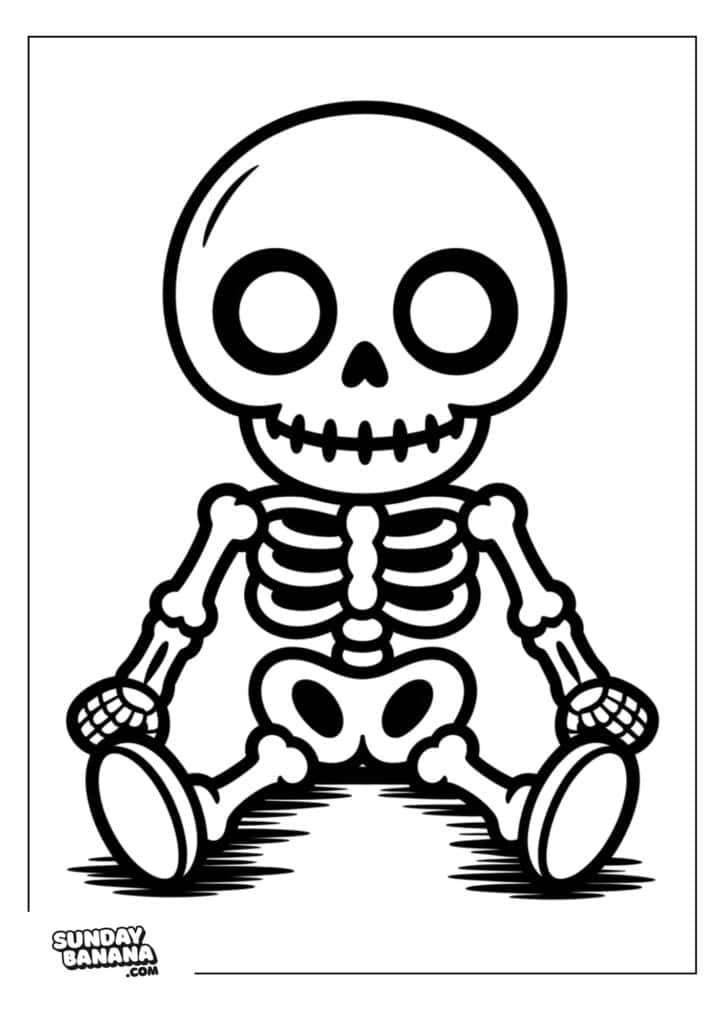 A cartoon-style skeleton sits on the ground with legs spread and arms resting by its sides. The skeleton has a large, round head with big eye sockets and a small nose. Simple black outlines and minimal details are used. SUNDAYBANANA.com appears in the corner.
