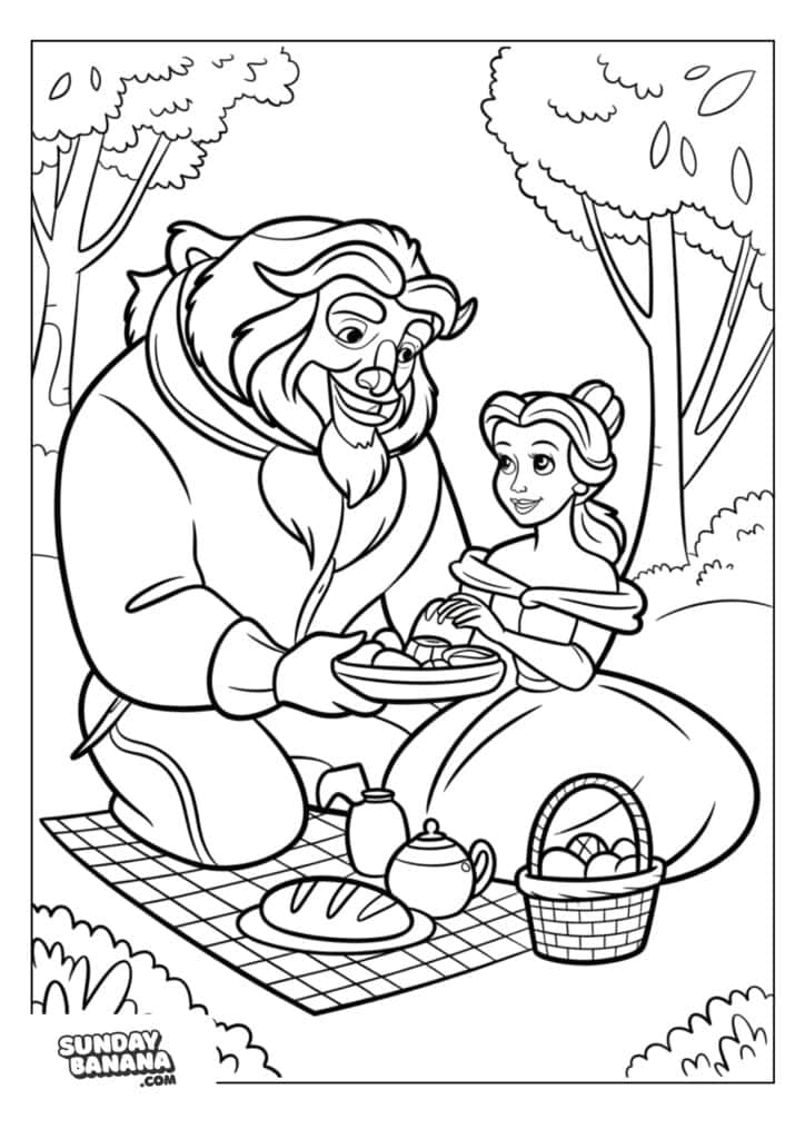 A coloring page Belle and the Beast from “Beauty and the Beast” sit on a picnic blanket in a forest, sharing food. There’s a basket with bread, a teapot, cups, and plates. Both look happy and are dressed in classic attire. Trees and bushes fill the background.