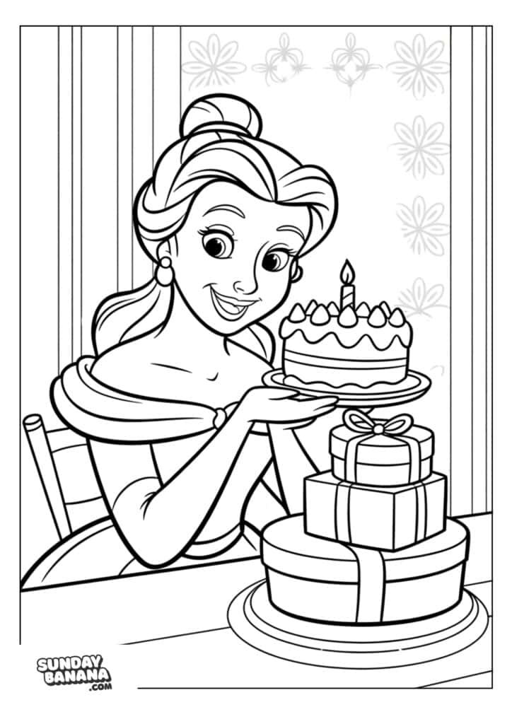 A coloring page A smiling princess with long hair tied back holds a frosted cake with one lit candle. She sits at a table with two wrapped presents. A window with a floral pattern is behind her. The image is in black and white for coloring.
