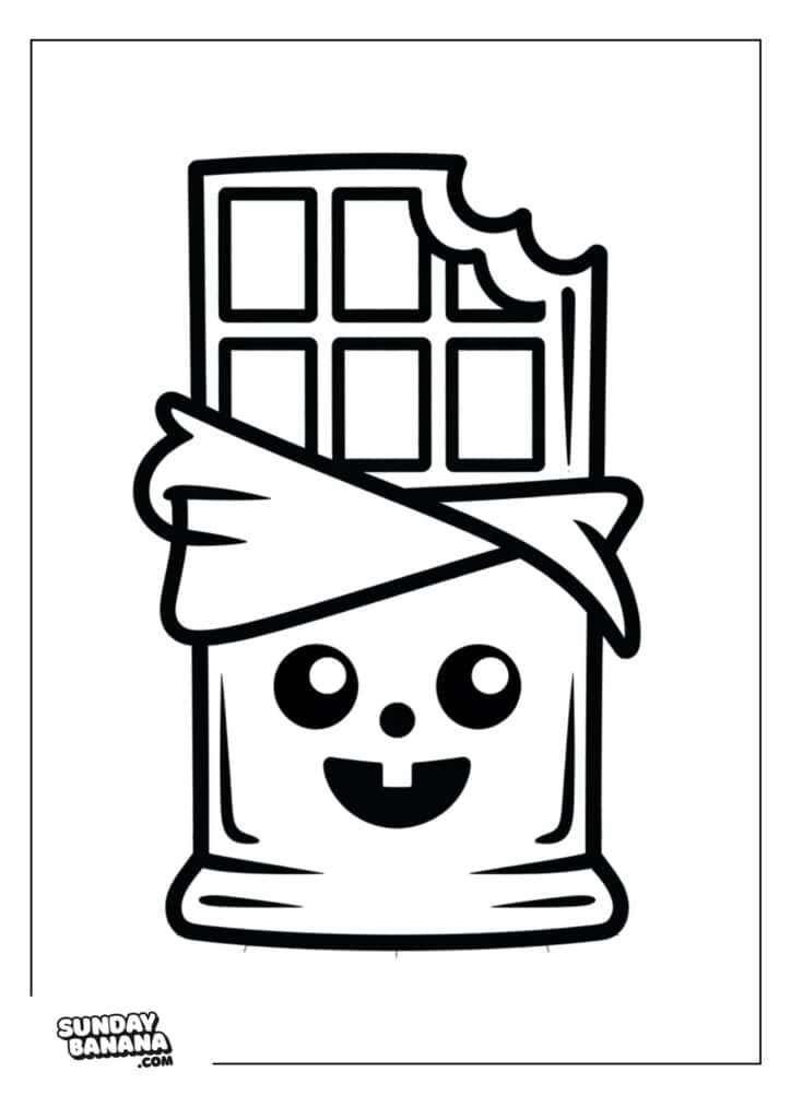 A cartoon chocolate bar with a happy face, two circular eyes, and a smiling mouth with a single tooth. The bar has a bite taken from the top right corner and is partially wrapped in a torn wrapper. The image is outlined in black and white.