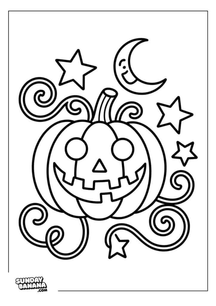 A cartoon jack-o’-lantern with a wide, toothy smile sits in the center. Around it are swirling lines, five stars, and a crescent moon with a smiling face. The background is plain, with a small “SundayBanana.com” logo in the bottom left corner.