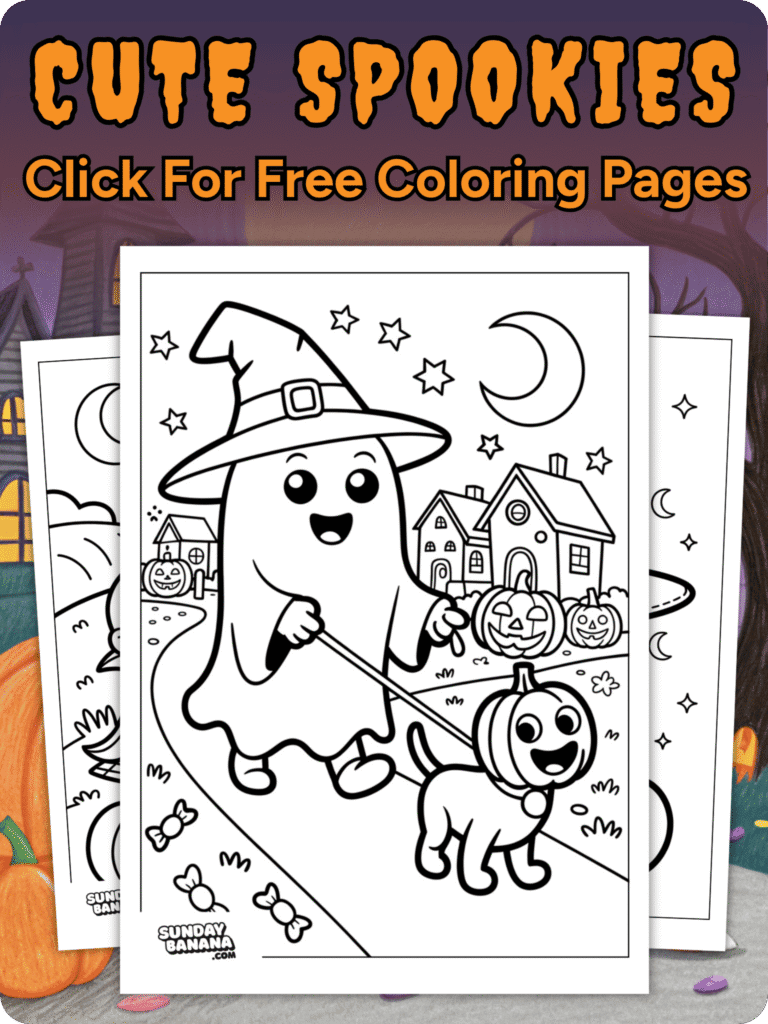 A cheerful ghost wearing a witch hat walks a smiling dog dressed in a pumpkin costume on a path. Behind them are houses decorated with jack-o’-lanterns, trees, and a crescent moon in the night sky. The text reads: CUTE SPOOKIES Click For Free Coloring Pages.