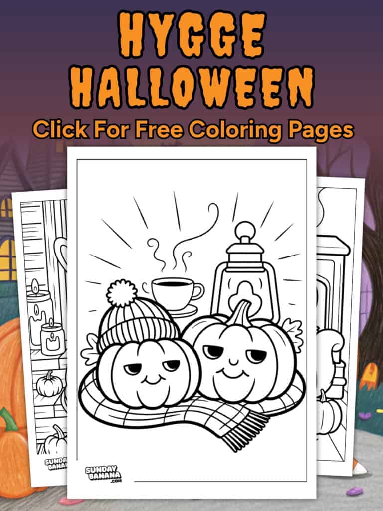 Two pumpkins with smiling faces wear cozy hats and scarves in a coloring page. Behind them are a cup with steam, a lantern, and autumn leaves. The background has Halloween pumpkins, house outlines, and text offering Hygge Halloween coloring pages.