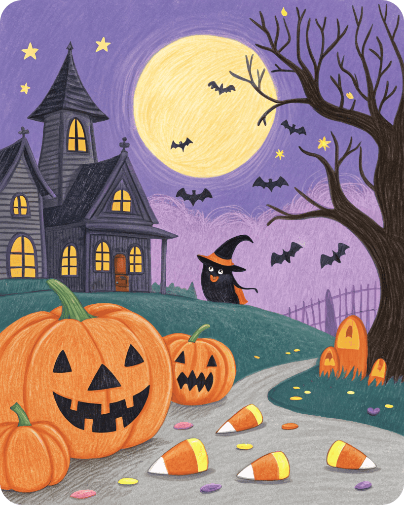 A spooky Halloween scene with a full moon, bats, and a haunted house. A smiling black cat in a witch hat stands on a hill. Large carved pumpkins and candy corn scatter the path, with a barren tree and more jack-o-lanterns in the background.
