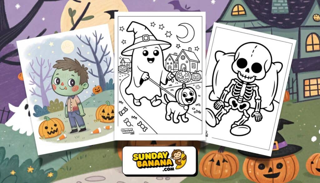 Three Halloween-themed coloring pages are displayed. The first shows a child zombie in a yard with pumpkins. The center page features a ghost in a witch hat walking a dog at night. The third page depicts a smiling skeleton reclining on pillows. A “Sunday Banana” logo is below.