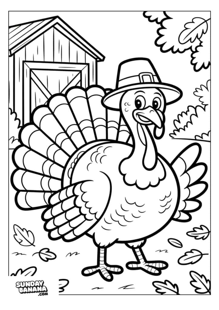 A smiling turkey wearing a pilgrim hat stands in front of a barn in a grassy, leafy area. Trees, scattered leaves, and clouds are in the background. The image is outlined for coloring. “SUNDAY BANANA.COM” is printed in the bottom left corner.