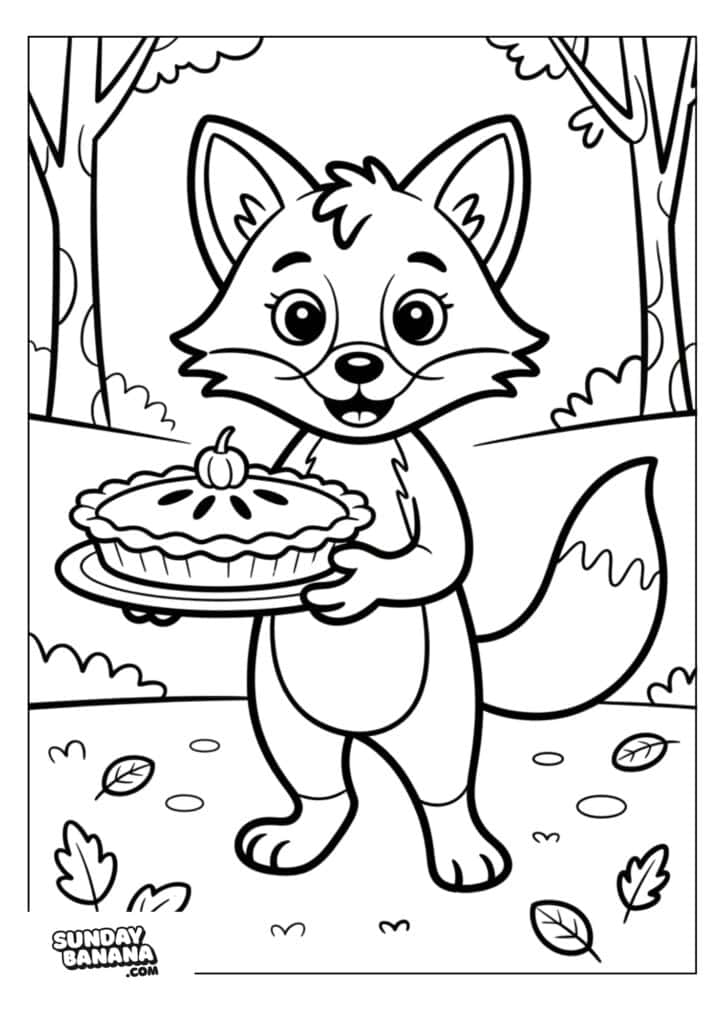 A smiling cartoon fox stands upright outdoors, holding a pumpkin pie with a small pumpkin decoration on top. The scene includes trees, grass, and scattered leaves, creating an autumn atmosphere. The image is black and white, designed for coloring.