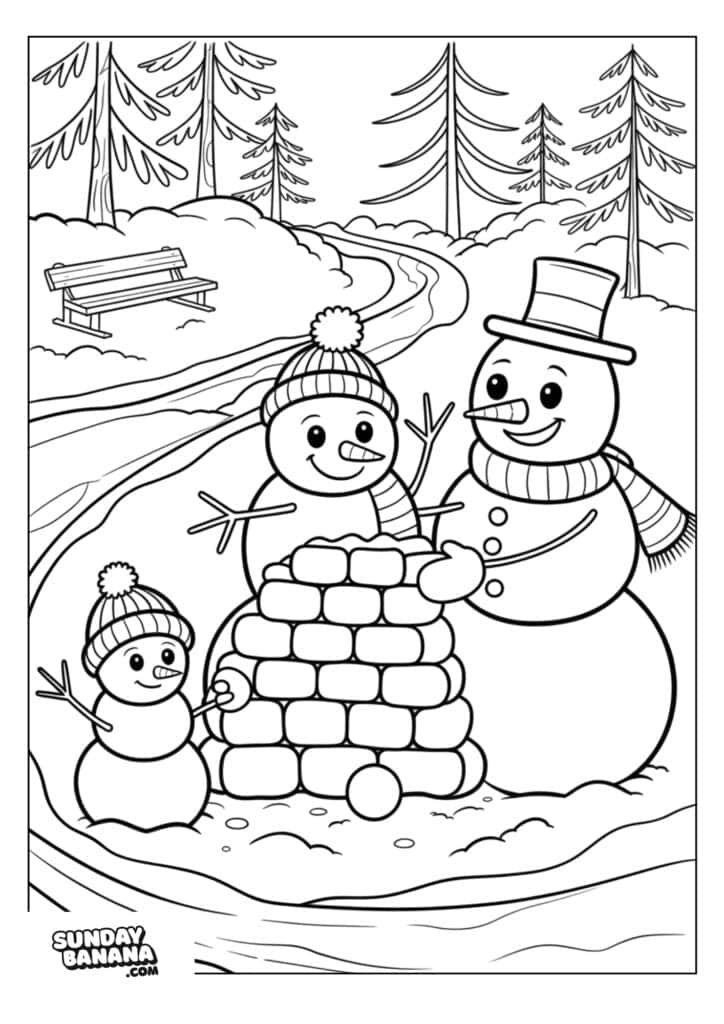 Three snowmen wearing hats and scarves build a small wall of snow bricks. They are in a snowy park with pine trees, a winding path, and a bench in the background. The scene is outlined for coloring.