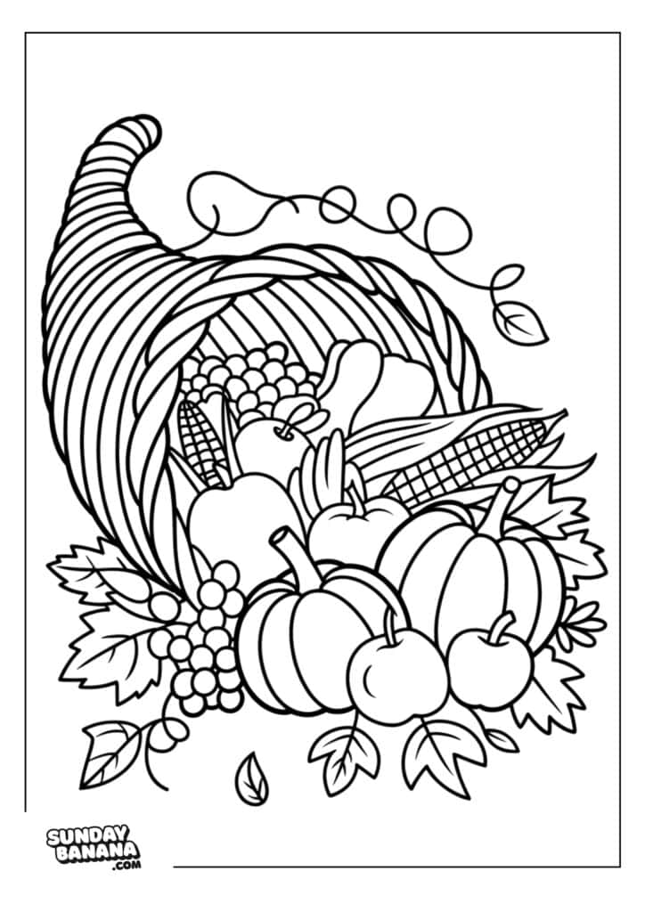 A cornucopia overflows with fruits and vegetables, including pumpkins, apples, grapes, corn, and leafy greens. The horn-shaped basket rests among autumn leaves. The image is a black-and-white coloring page with a “SundayBanana.com” watermark.