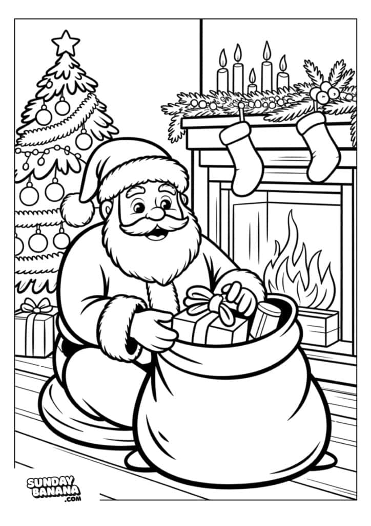 Santa Claus kneels by a fireplace with a roaring fire and two hanging stockings, placing wrapped gifts from a sack. A decorated Christmas tree and candlelit mantelpiece add to the festive, cozy scene. The image is in a black-and-white coloring book style.