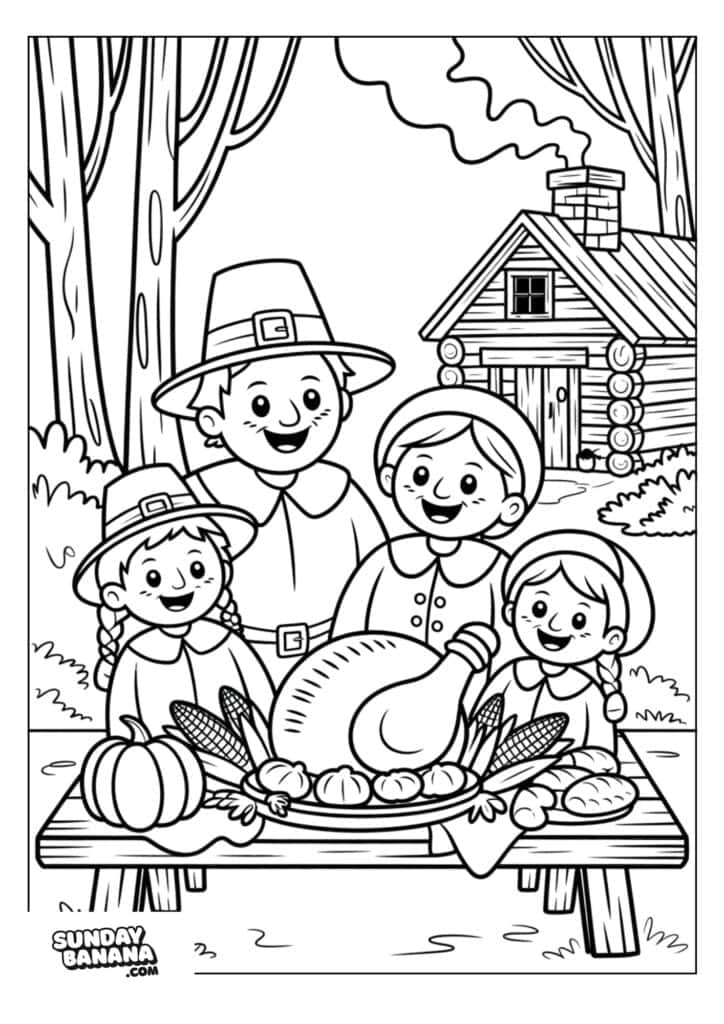 A smiling family of four, dressed as Pilgrims, stands outdoors by a log cabin. They gather around a picnic table topped with a roast turkey, corn, pumpkins, and other food. Trees and bushes fill the background. The scene is in a coloring book style.