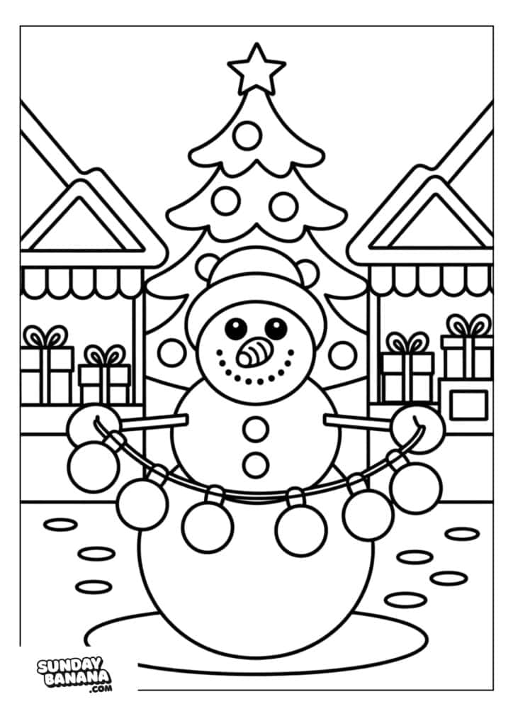A coloring page shows a snowman holding a string of round lights. Behind the snowman stands a decorated Christmas tree, with wrapped gifts and two houses on each side. Snow covers the ground, and the scene has a festive holiday atmosphere.