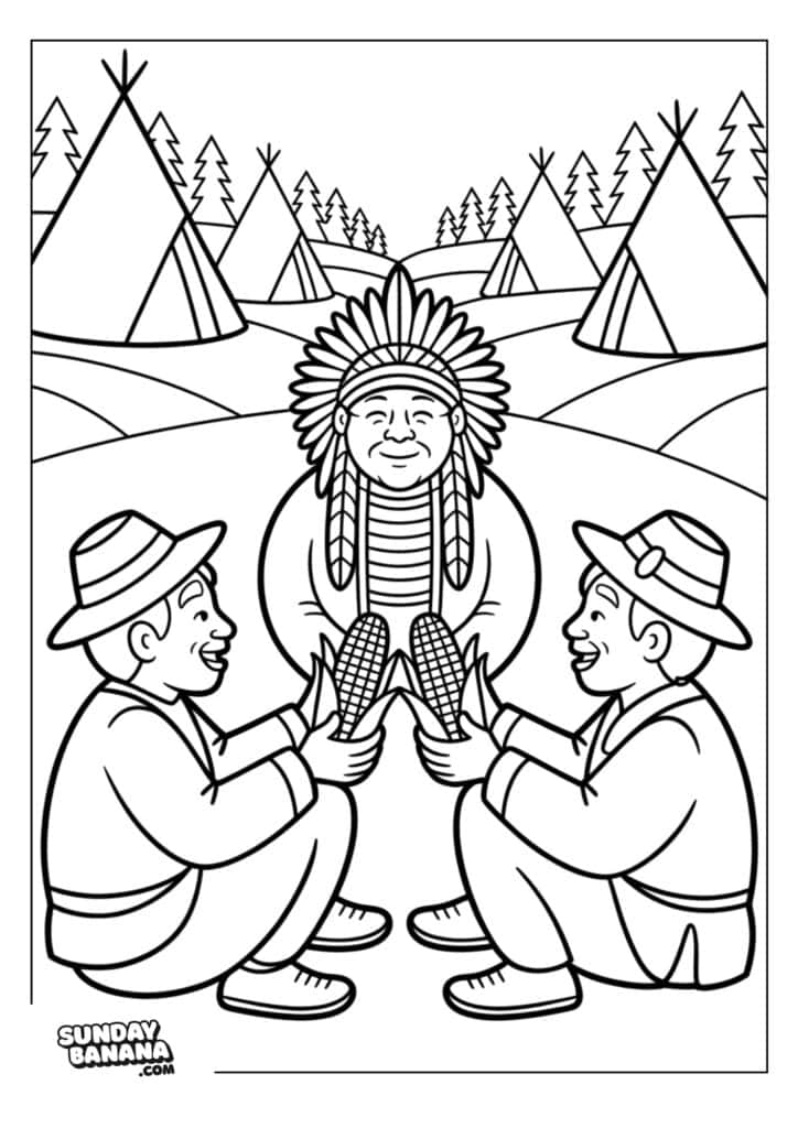 Two children wearing hats and sitting cross-legged offer corn to a smiling person in a feathered headdress. Behind them are several teepees and pine trees with hills in the distance. The scene is outlined for coloring.